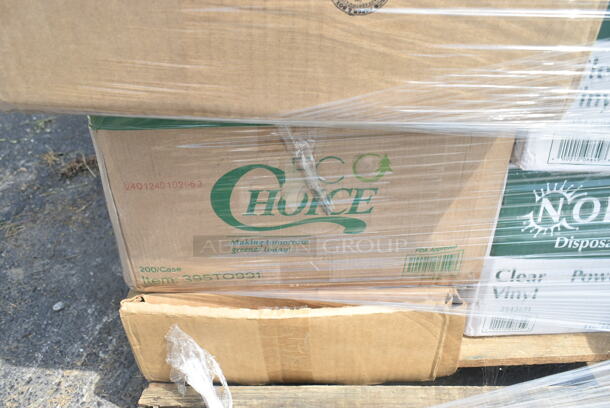 PALLET LOT of 33 BRAND NEW Boxes 395TO991 EcoChoice 9" x 9" x 3" Compostable Sugarcane / Bagasse 1 Compartment Take-Out Box - 200/Case, 2 Box 394360M Noble Products Powdered Disposable Vinyl Gloves for Foodservice - 1000/Case,  394360L Noble Products Powdered Disposable Vinyl Gloves for Foodservice - 1000/Case, 130BKFKSNSPH Choice Black Heavy Weight Wrapped Plastic Cutlery Pack with Napkin and Salt and Pepper Packets - 500/Case, 127P400 Choice 4 oz. Black Plastic Souffle Cup / Portion Cup - 2500/Case, 2 Box 5001BNAP Choice 1-Ply White Beverage / Cocktail Napkin - 4000/Case, 966TALLFLDB Choice White Tall-Fold 6" x 13" Dispenser Napkin - 8000/Case, Choice 9" Round Dome Take Out Lids, 5005DNAPFLTE Choice Touchstone 14" x 14" White Linen-Feel Flat-Packed Dinner Napkin, 395SP10 EcoChoice Compostable Sugarcane / Bagasse 10" x 10" Square Plate - 300/Case, 5013858 Lavex Li'l Herc 55-60 Gallon 1.2 Mil 38" x 58" Low Density Medium-Duty Black Trash Bag / Can Liner - 100/Case, 5008W Choice 8 oz. Tall White Poly Paper Hot Cup - 1000/Case, 2 Box 795PTOBK3 Choice 7 3/4" x 5 1/2" x 2 1/2" Black Microwavable Folded Paper #3 Take-Out Container - 200/Case, Dart 9CPWC Concorde 9" 3 Compartment White Non-Laminated Round Foam Plate, 485WB9NEONW Choice 9" Neon Extra Wide Pointed Wrapped Boba Straw - 1600/Case, 612DS3COMP Choice 8 1/2"x 6 3/8" 3-Compartment Oblong Foil Take-Out Container with Board Lid - 250/Case. 33 Times Your Bid! - Image 2 of 12