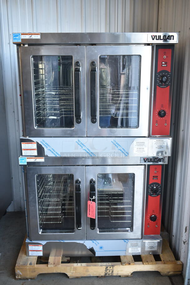 2 BRAND NEW SCRATCH AND DENT! Vulcan VC4ED Stainless Steel Commercial Electric Powered Full Size Convection Oven w/ View Through Doors, Metal Oven Racks and Thermostatic Controls. Does Not Come w/ Legs. 240 Volts, 1/3 Phase. 2 Times Your Bid! 
 - Image 2 of 12