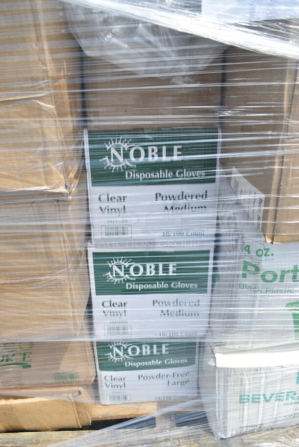 PALLET LOT of 33 BRAND NEW Boxes 395TO991 EcoChoice 9" x 9" x 3" Compostable Sugarcane / Bagasse 1 Compartment Take-Out Box - 200/Case, 2 Box 394360M Noble Products Powdered Disposable Vinyl Gloves for Foodservice - 1000/Case,  394360L Noble Products Powdered Disposable Vinyl Gloves for Foodservice - 1000/Case, 130BKFKSNSPH Choice Black Heavy Weight Wrapped Plastic Cutlery Pack with Napkin and Salt and Pepper Packets - 500/Case, 127P400 Choice 4 oz. Black Plastic Souffle Cup / Portion Cup - 2500/Case, 2 Box 5001BNAP Choice 1-Ply White Beverage / Cocktail Napkin - 4000/Case, 966TALLFLDB Choice White Tall-Fold 6" x 13" Dispenser Napkin - 8000/Case, Choice 9" Round Dome Take Out Lids, 5005DNAPFLTE Choice Touchstone 14" x 14" White Linen-Feel Flat-Packed Dinner Napkin, 395SP10 EcoChoice Compostable Sugarcane / Bagasse 10" x 10" Square Plate - 300/Case, 5013858 Lavex Li'l Herc 55-60 Gallon 1.2 Mil 38" x 58" Low Density Medium-Duty Black Trash Bag / Can Liner - 100/Case, 5008W Choice 8 oz. Tall White Poly Paper Hot Cup - 1000/Case, 2 Box 795PTOBK3 Choice 7 3/4" x 5 1/2" x 2 1/2" Black Microwavable Folded Paper #3 Take-Out Container - 200/Case, Dart 9CPWC Concorde 9" 3 Compartment White Non-Laminated Round Foam Plate, 485WB9NEONW Choice 9" Neon Extra Wide Pointed Wrapped Boba Straw - 1600/Case, 612DS3COMP Choice 8 1/2"x 6 3/8" 3-Compartment Oblong Foil Take-Out Container with Board Lid - 250/Case. 33 Times Your Bid! - Image 3 of 12