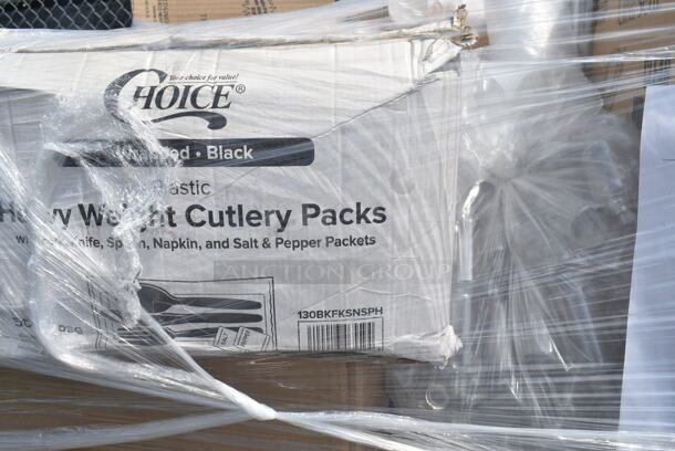 PALLET LOT of 33 BRAND NEW Boxes 395TO991 EcoChoice 9" x 9" x 3" Compostable Sugarcane / Bagasse 1 Compartment Take-Out Box - 200/Case, 2 Box 394360M Noble Products Powdered Disposable Vinyl Gloves for Foodservice - 1000/Case,  394360L Noble Products Powdered Disposable Vinyl Gloves for Foodservice - 1000/Case, 130BKFKSNSPH Choice Black Heavy Weight Wrapped Plastic Cutlery Pack with Napkin and Salt and Pepper Packets - 500/Case, 127P400 Choice 4 oz. Black Plastic Souffle Cup / Portion Cup - 2500/Case, 2 Box 5001BNAP Choice 1-Ply White Beverage / Cocktail Napkin - 4000/Case, 966TALLFLDB Choice White Tall-Fold 6" x 13" Dispenser Napkin - 8000/Case, Choice 9" Round Dome Take Out Lids, 5005DNAPFLTE Choice Touchstone 14" x 14" White Linen-Feel Flat-Packed Dinner Napkin, 395SP10 EcoChoice Compostable Sugarcane / Bagasse 10" x 10" Square Plate - 300/Case, 5013858 Lavex Li'l Herc 55-60 Gallon 1.2 Mil 38" x 58" Low Density Medium-Duty Black Trash Bag / Can Liner - 100/Case, 5008W Choice 8 oz. Tall White Poly Paper Hot Cup - 1000/Case, 2 Box 795PTOBK3 Choice 7 3/4" x 5 1/2" x 2 1/2" Black Microwavable Folded Paper #3 Take-Out Container - 200/Case, Dart 9CPWC Concorde 9" 3 Compartment White Non-Laminated Round Foam Plate, 485WB9NEONW Choice 9" Neon Extra Wide Pointed Wrapped Boba Straw - 1600/Case, 612DS3COMP Choice 8 1/2"x 6 3/8" 3-Compartment Oblong Foil Take-Out Container with Board Lid - 250/Case. 33 Times Your Bid! - Image 4 of 12