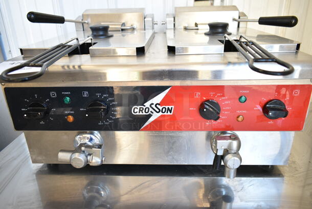 BRAND NEW SCRATCH AND DENT! 2023 Crosson EF-6V-2 Stainless Steel Commercial Countertop Electric Powered 2 Bay Fryer w/ 2 Metal Fry Baskets and 2 Lids. 120 Volts, 1 Phase. - Image 3 of 8