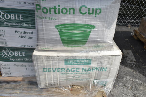 PALLET LOT of 33 BRAND NEW Boxes 395TO991 EcoChoice 9" x 9" x 3" Compostable Sugarcane / Bagasse 1 Compartment Take-Out Box - 200/Case, 2 Box 394360M Noble Products Powdered Disposable Vinyl Gloves for Foodservice - 1000/Case,  394360L Noble Products Powdered Disposable Vinyl Gloves for Foodservice - 1000/Case, 130BKFKSNSPH Choice Black Heavy Weight Wrapped Plastic Cutlery Pack with Napkin and Salt and Pepper Packets - 500/Case, 127P400 Choice 4 oz. Black Plastic Souffle Cup / Portion Cup - 2500/Case, 2 Box 5001BNAP Choice 1-Ply White Beverage / Cocktail Napkin - 4000/Case, 966TALLFLDB Choice White Tall-Fold 6" x 13" Dispenser Napkin - 8000/Case, Choice 9" Round Dome Take Out Lids, 5005DNAPFLTE Choice Touchstone 14" x 14" White Linen-Feel Flat-Packed Dinner Napkin, 395SP10 EcoChoice Compostable Sugarcane / Bagasse 10" x 10" Square Plate - 300/Case, 5013858 Lavex Li'l Herc 55-60 Gallon 1.2 Mil 38" x 58" Low Density Medium-Duty Black Trash Bag / Can Liner - 100/Case, 5008W Choice 8 oz. Tall White Poly Paper Hot Cup - 1000/Case, 2 Box 795PTOBK3 Choice 7 3/4" x 5 1/2" x 2 1/2" Black Microwavable Folded Paper #3 Take-Out Container - 200/Case, Dart 9CPWC Concorde 9" 3 Compartment White Non-Laminated Round Foam Plate, 485WB9NEONW Choice 9" Neon Extra Wide Pointed Wrapped Boba Straw - 1600/Case, 612DS3COMP Choice 8 1/2"x 6 3/8" 3-Compartment Oblong Foil Take-Out Container with Board Lid - 250/Case. 33 Times Your Bid! - Image 5 of 12