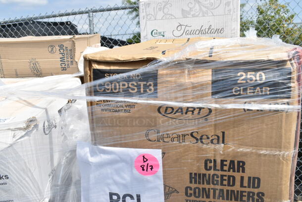 PALLET LOT of 33 BRAND NEW Boxes 395TO991 EcoChoice 9" x 9" x 3" Compostable Sugarcane / Bagasse 1 Compartment Take-Out Box - 200/Case, 2 Box 394360M Noble Products Powdered Disposable Vinyl Gloves for Foodservice - 1000/Case,  394360L Noble Products Powdered Disposable Vinyl Gloves for Foodservice - 1000/Case, 130BKFKSNSPH Choice Black Heavy Weight Wrapped Plastic Cutlery Pack with Napkin and Salt and Pepper Packets - 500/Case, 127P400 Choice 4 oz. Black Plastic Souffle Cup / Portion Cup - 2500/Case, 2 Box 5001BNAP Choice 1-Ply White Beverage / Cocktail Napkin - 4000/Case, 966TALLFLDB Choice White Tall-Fold 6" x 13" Dispenser Napkin - 8000/Case, Choice 9" Round Dome Take Out Lids, 5005DNAPFLTE Choice Touchstone 14" x 14" White Linen-Feel Flat-Packed Dinner Napkin, 395SP10 EcoChoice Compostable Sugarcane / Bagasse 10" x 10" Square Plate - 300/Case, 5013858 Lavex Li'l Herc 55-60 Gallon 1.2 Mil 38" x 58" Low Density Medium-Duty Black Trash Bag / Can Liner - 100/Case, 5008W Choice 8 oz. Tall White Poly Paper Hot Cup - 1000/Case, 2 Box 795PTOBK3 Choice 7 3/4" x 5 1/2" x 2 1/2" Black Microwavable Folded Paper #3 Take-Out Container - 200/Case, Dart 9CPWC Concorde 9" 3 Compartment White Non-Laminated Round Foam Plate, 485WB9NEONW Choice 9" Neon Extra Wide Pointed Wrapped Boba Straw - 1600/Case, 612DS3COMP Choice 8 1/2"x 6 3/8" 3-Compartment Oblong Foil Take-Out Container with Board Lid - 250/Case. 33 Times Your Bid! - Image 6 of 12