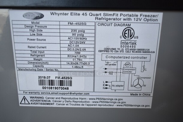 BRAND NEW SCRATCH AND DENT! Whynter FM-452SG Elite 45 Quart SlimFit Portable Freezer Refrigerator. 115 Volt, 1 Phase. Tested and Working! - Image 9 of 9