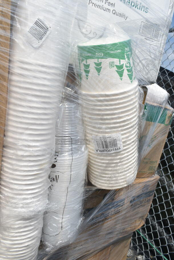 PALLET LOT of 33 BRAND NEW Boxes 395TO991 EcoChoice 9" x 9" x 3" Compostable Sugarcane / Bagasse 1 Compartment Take-Out Box - 200/Case, 2 Box 394360M Noble Products Powdered Disposable Vinyl Gloves for Foodservice - 1000/Case,  394360L Noble Products Powdered Disposable Vinyl Gloves for Foodservice - 1000/Case, 130BKFKSNSPH Choice Black Heavy Weight Wrapped Plastic Cutlery Pack with Napkin and Salt and Pepper Packets - 500/Case, 127P400 Choice 4 oz. Black Plastic Souffle Cup / Portion Cup - 2500/Case, 2 Box 5001BNAP Choice 1-Ply White Beverage / Cocktail Napkin - 4000/Case, 966TALLFLDB Choice White Tall-Fold 6" x 13" Dispenser Napkin - 8000/Case, Choice 9" Round Dome Take Out Lids, 5005DNAPFLTE Choice Touchstone 14" x 14" White Linen-Feel Flat-Packed Dinner Napkin, 395SP10 EcoChoice Compostable Sugarcane / Bagasse 10" x 10" Square Plate - 300/Case, 5013858 Lavex Li'l Herc 55-60 Gallon 1.2 Mil 38" x 58" Low Density Medium-Duty Black Trash Bag / Can Liner - 100/Case, 5008W Choice 8 oz. Tall White Poly Paper Hot Cup - 1000/Case, 2 Box 795PTOBK3 Choice 7 3/4" x 5 1/2" x 2 1/2" Black Microwavable Folded Paper #3 Take-Out Container - 200/Case, Dart 9CPWC Concorde 9" 3 Compartment White Non-Laminated Round Foam Plate, 485WB9NEONW Choice 9" Neon Extra Wide Pointed Wrapped Boba Straw - 1600/Case, 612DS3COMP Choice 8 1/2"x 6 3/8" 3-Compartment Oblong Foil Take-Out Container with Board Lid - 250/Case. 33 Times Your Bid! - Image 10 of 12