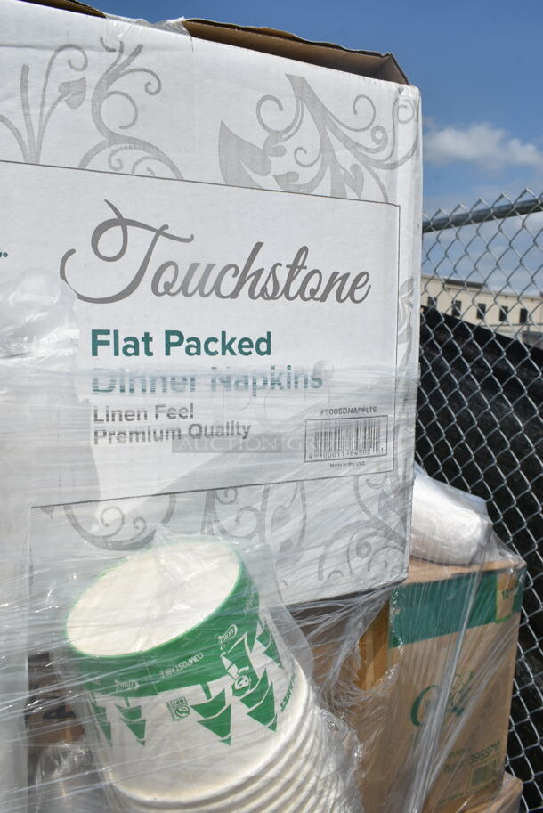 PALLET LOT of 33 BRAND NEW Boxes 395TO991 EcoChoice 9" x 9" x 3" Compostable Sugarcane / Bagasse 1 Compartment Take-Out Box - 200/Case, 2 Box 394360M Noble Products Powdered Disposable Vinyl Gloves for Foodservice - 1000/Case,  394360L Noble Products Powdered Disposable Vinyl Gloves for Foodservice - 1000/Case, 130BKFKSNSPH Choice Black Heavy Weight Wrapped Plastic Cutlery Pack with Napkin and Salt and Pepper Packets - 500/Case, 127P400 Choice 4 oz. Black Plastic Souffle Cup / Portion Cup - 2500/Case, 2 Box 5001BNAP Choice 1-Ply White Beverage / Cocktail Napkin - 4000/Case, 966TALLFLDB Choice White Tall-Fold 6" x 13" Dispenser Napkin - 8000/Case, Choice 9" Round Dome Take Out Lids, 5005DNAPFLTE Choice Touchstone 14" x 14" White Linen-Feel Flat-Packed Dinner Napkin, 395SP10 EcoChoice Compostable Sugarcane / Bagasse 10" x 10" Square Plate - 300/Case, 5013858 Lavex Li'l Herc 55-60 Gallon 1.2 Mil 38" x 58" Low Density Medium-Duty Black Trash Bag / Can Liner - 100/Case, 5008W Choice 8 oz. Tall White Poly Paper Hot Cup - 1000/Case, 2 Box 795PTOBK3 Choice 7 3/4" x 5 1/2" x 2 1/2" Black Microwavable Folded Paper #3 Take-Out Container - 200/Case, Dart 9CPWC Concorde 9" 3 Compartment White Non-Laminated Round Foam Plate, 485WB9NEONW Choice 9" Neon Extra Wide Pointed Wrapped Boba Straw - 1600/Case, 612DS3COMP Choice 8 1/2"x 6 3/8" 3-Compartment Oblong Foil Take-Out Container with Board Lid - 250/Case. 33 Times Your Bid! - Image 11 of 12