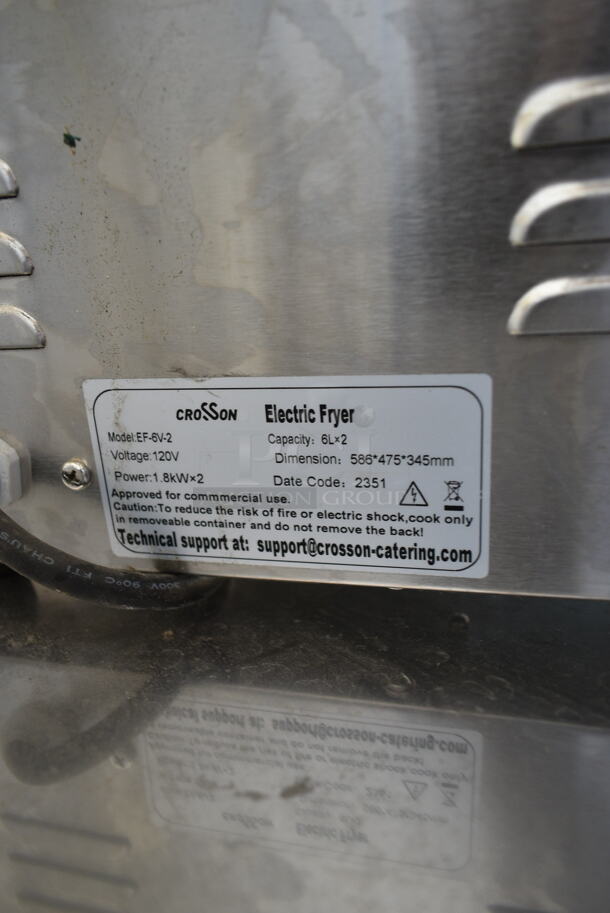 BRAND NEW SCRATCH AND DENT! 2023 Crosson EF-6V-2 Stainless Steel Commercial Countertop Electric Powered 2 Bay Fryer w/ 2 Metal Fry Baskets and 2 Lids. 120 Volts, 1 Phase. - Image 8 of 8