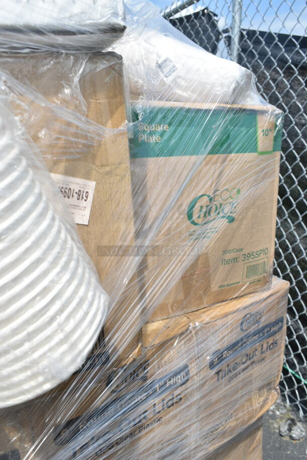 PALLET LOT of 33 BRAND NEW Boxes 395TO991 EcoChoice 9" x 9" x 3" Compostable Sugarcane / Bagasse 1 Compartment Take-Out Box - 200/Case, 2 Box 394360M Noble Products Powdered Disposable Vinyl Gloves for Foodservice - 1000/Case,  394360L Noble Products Powdered Disposable Vinyl Gloves for Foodservice - 1000/Case, 130BKFKSNSPH Choice Black Heavy Weight Wrapped Plastic Cutlery Pack with Napkin and Salt and Pepper Packets - 500/Case, 127P400 Choice 4 oz. Black Plastic Souffle Cup / Portion Cup - 2500/Case, 2 Box 5001BNAP Choice 1-Ply White Beverage / Cocktail Napkin - 4000/Case, 966TALLFLDB Choice White Tall-Fold 6" x 13" Dispenser Napkin - 8000/Case, Choice 9" Round Dome Take Out Lids, 5005DNAPFLTE Choice Touchstone 14" x 14" White Linen-Feel Flat-Packed Dinner Napkin, 395SP10 EcoChoice Compostable Sugarcane / Bagasse 10" x 10" Square Plate - 300/Case, 5013858 Lavex Li'l Herc 55-60 Gallon 1.2 Mil 38" x 58" Low Density Medium-Duty Black Trash Bag / Can Liner - 100/Case, 5008W Choice 8 oz. Tall White Poly Paper Hot Cup - 1000/Case, 2 Box 795PTOBK3 Choice 7 3/4" x 5 1/2" x 2 1/2" Black Microwavable Folded Paper #3 Take-Out Container - 200/Case, Dart 9CPWC Concorde 9" 3 Compartment White Non-Laminated Round Foam Plate, 485WB9NEONW Choice 9" Neon Extra Wide Pointed Wrapped Boba Straw - 1600/Case, 612DS3COMP Choice 8 1/2"x 6 3/8" 3-Compartment Oblong Foil Take-Out Container with Board Lid - 250/Case. 33 Times Your Bid! - Image 12 of 12