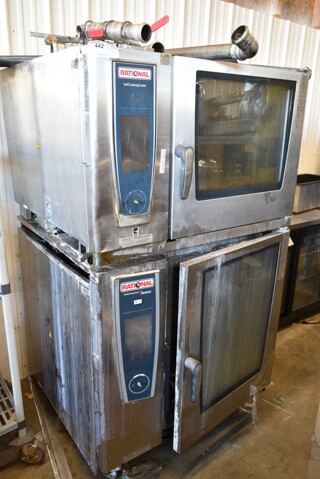 2 2019 Rational Stainless Steel Commercial Combitherm Self Cooking Center Convection Ovens on Commercial Casters. Top Model: SCC WE 62. Bottom Model: SCC WE 102. 480 Volts, 3 Phase. 2 Times Your Bid!