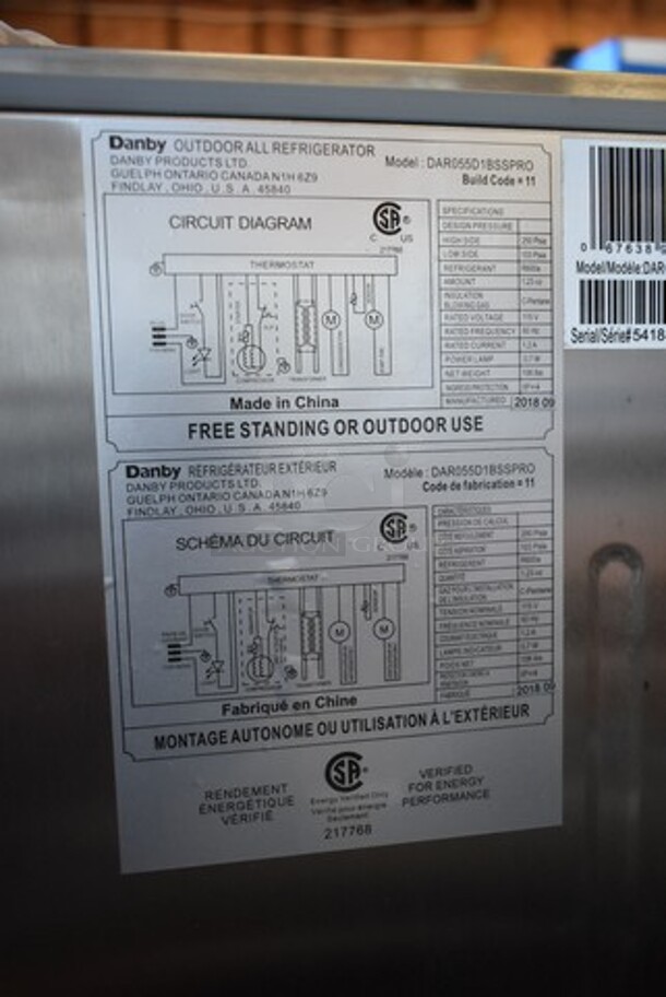 BRAND NEW SCRATCH AND DENT! Danby DAR055D1BSSPRO Silhouette Aragon Stainless Steel Outdoor Single Door Undercounter Refrigerator. 115 Volt, 1 Phase. Tested and Working! - Image 5 of 6