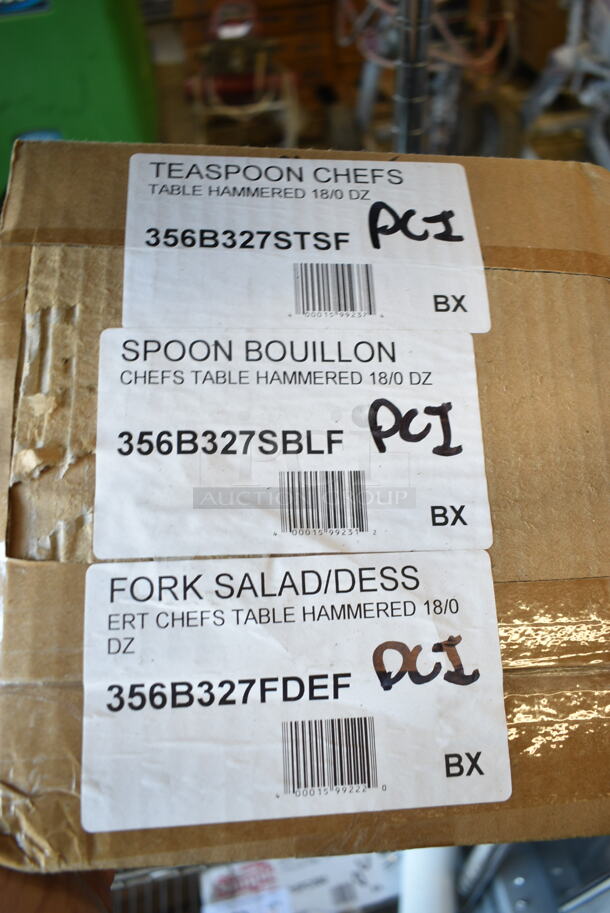 BRAND NEW SCRATCH AND DENT! Box of 356B327STSF Oneida Chef's Table Hammered by 1880 Hospitality B327STSF 6 1/4" 18/0 Stainless Steel Extra Heavy Weight Teaspoon - 12/Case, 356B327FDEF Oneida Chef's Table Hammered by 1880 Hospitality B327FDEF 7 1/8" 18/0 Stainless Steel Extra Heavy Weight Dessert / Salad Fork - 12/Case, 356B327SBLF Oneida Chef's Table Hammered by 1880 Hospitality B327SBLF 6 1/4" 18/0 Stainless Steel Extra Heavy Weight Bouillon Spoon - 12/Case - Image 3 of 3