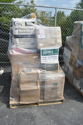 PALLET LOT of 25 BRAND NEW Boxes Including 795PTOBK4 Choice Black Microwavable Folded Paper #4 Take-Out Container 7 3/4" x 5 1/2" x 3 1/2" - 160/Case, 2 Box 612FHL1230 Choice Foil Steam Table Pan Lid - Half Size - 100/Case, 394360XL Noble Products Clear Powdered Disposable Vinyl Gloves for Foodservice - Extra Large - 1000/Case, Uniqify Polka Dotty Ice Cream Cups, 395RP09 EcoChoice Compostable Sugarcane / Bagasse 9" Plate - 500/Case, 148HD8COMBO Choice Heavy Duty 8 oz. Microwavable Translucent Plastic Deli Container and Lid Combo Pack - 240/Case. 25 Times Your Bid!