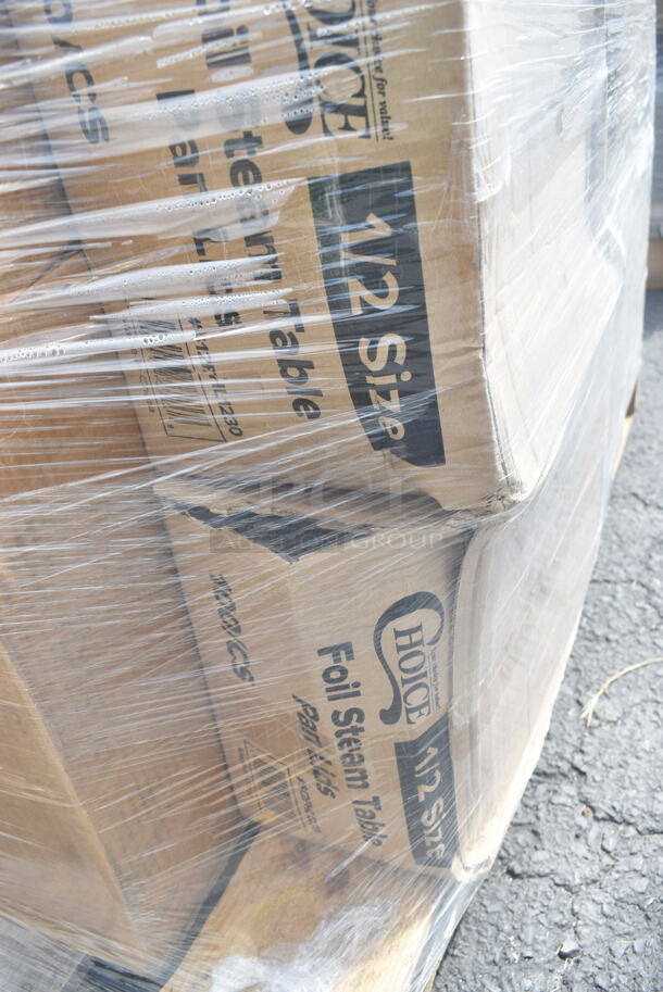 PALLET LOT of 25 BRAND NEW Boxes Including 795PTOBK4 Choice Black Microwavable Folded Paper #4 Take-Out Container 7 3/4" x 5 1/2" x 3 1/2" - 160/Case, 2 Box 612FHL1230 Choice Foil Steam Table Pan Lid - Half Size - 100/Case, 394360XL Noble Products Clear Powdered Disposable Vinyl Gloves for Foodservice - Extra Large - 1000/Case, Uniqify Polka Dotty Ice Cream Cups, 395RP09 EcoChoice Compostable Sugarcane / Bagasse 9" Plate - 500/Case, 148HD8COMBO Choice Heavy Duty 8 oz. Microwavable Translucent Plastic Deli Container and Lid Combo Pack - 240/Case. 25 Times Your Bid! - Image 2 of 12
