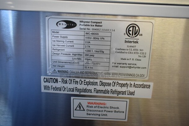 BRAND NEW SCRATCH AND DENT! Whynter IMC-490SS Portable 49lb Freestanding Stainless Steel Ice Maker. 115 Volts, 1 Phase. Tested and Working! - Image 6 of 6