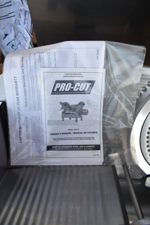 BRAND NEW SCRATCH AND DENT! 2024 Pro-Cut KMS-13 Stainless Steel Commercial Countertop 13" Automatic Meat Slicer w/ Blade Sharpener. 115 Volts, 1 Phase. Tested and Working! - Image 7 of 9