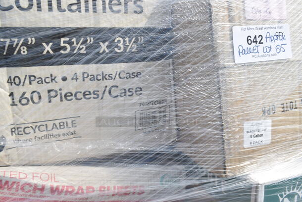 PALLET LOT of 25 BRAND NEW Boxes Including 795PTOBK4 Choice Black Microwavable Folded Paper #4 Take-Out Container 7 3/4" x 5 1/2" x 3 1/2" - 160/Case, 2 Box 612FHL1230 Choice Foil Steam Table Pan Lid - Half Size - 100/Case, 394360XL Noble Products Clear Powdered Disposable Vinyl Gloves for Foodservice - Extra Large - 1000/Case, Uniqify Polka Dotty Ice Cream Cups, 395RP09 EcoChoice Compostable Sugarcane / Bagasse 9" Plate - 500/Case, 148HD8COMBO Choice Heavy Duty 8 oz. Microwavable Translucent Plastic Deli Container and Lid Combo Pack - 240/Case. 25 Times Your Bid! - Image 4 of 12