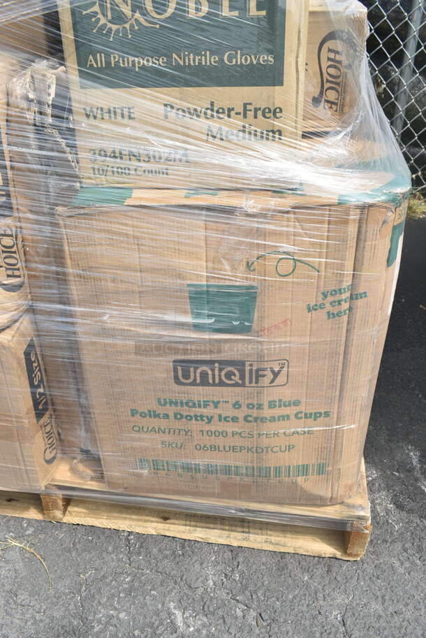 PALLET LOT of 25 BRAND NEW Boxes Including 795PTOBK4 Choice Black Microwavable Folded Paper #4 Take-Out Container 7 3/4" x 5 1/2" x 3 1/2" - 160/Case, 2 Box 612FHL1230 Choice Foil Steam Table Pan Lid - Half Size - 100/Case, 394360XL Noble Products Clear Powdered Disposable Vinyl Gloves for Foodservice - Extra Large - 1000/Case, Uniqify Polka Dotty Ice Cream Cups, 395RP09 EcoChoice Compostable Sugarcane / Bagasse 9" Plate - 500/Case, 148HD8COMBO Choice Heavy Duty 8 oz. Microwavable Translucent Plastic Deli Container and Lid Combo Pack - 240/Case. 25 Times Your Bid! - Image 8 of 12