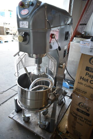 BRAND NEW SCRATCH AND DENT! Avantco 177MX60H Metal Commercial Floor Style 60 Quart Planetary Dough Mixer w/ Stainless Steel Mixing Bowl, Bowl Guard, Bowl Dolly, Dough Hook, Whisk and Paddle Attachments. 240 Volts, 3 Phase.