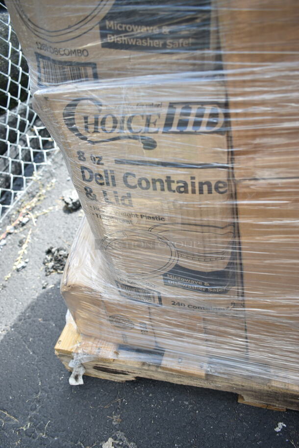 PALLET LOT of 25 BRAND NEW Boxes Including 795PTOBK4 Choice Black Microwavable Folded Paper #4 Take-Out Container 7 3/4" x 5 1/2" x 3 1/2" - 160/Case, 2 Box 612FHL1230 Choice Foil Steam Table Pan Lid - Half Size - 100/Case, 394360XL Noble Products Clear Powdered Disposable Vinyl Gloves for Foodservice - Extra Large - 1000/Case, Uniqify Polka Dotty Ice Cream Cups, 395RP09 EcoChoice Compostable Sugarcane / Bagasse 9" Plate - 500/Case, 148HD8COMBO Choice Heavy Duty 8 oz. Microwavable Translucent Plastic Deli Container and Lid Combo Pack - 240/Case. 25 Times Your Bid! - Image 11 of 12