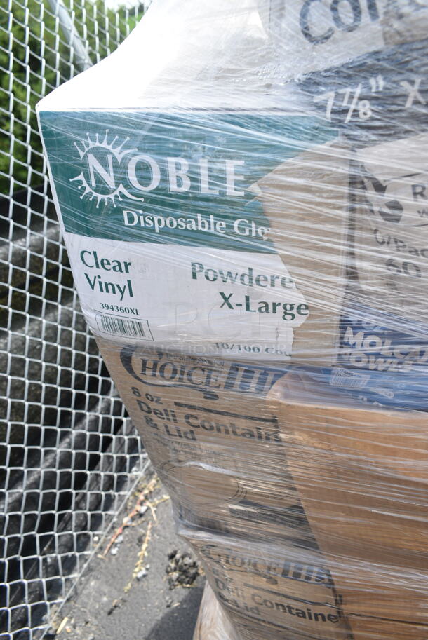 PALLET LOT of 25 BRAND NEW Boxes Including 795PTOBK4 Choice Black Microwavable Folded Paper #4 Take-Out Container 7 3/4" x 5 1/2" x 3 1/2" - 160/Case, 2 Box 612FHL1230 Choice Foil Steam Table Pan Lid - Half Size - 100/Case, 394360XL Noble Products Clear Powdered Disposable Vinyl Gloves for Foodservice - Extra Large - 1000/Case, Uniqify Polka Dotty Ice Cream Cups, 395RP09 EcoChoice Compostable Sugarcane / Bagasse 9" Plate - 500/Case, 148HD8COMBO Choice Heavy Duty 8 oz. Microwavable Translucent Plastic Deli Container and Lid Combo Pack - 240/Case. 25 Times Your Bid! - Image 12 of 12