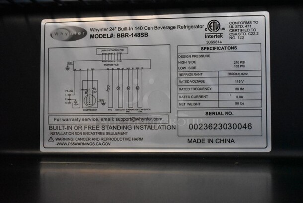 	BRAND NEW SCRATCH AND DENT! Whynter BBR-148SB Built In 148 Can Stainless Steel Wine Refrigerator Merchandiser with Reversible Door and Digital Control. 115 Volts, 1 Phase. Tested and Working! - Image 5 of 5