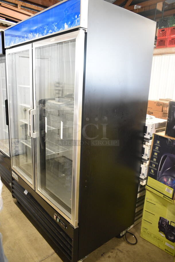BRAND NEW SCRATCH AND DENT! Avantco 178GDC49HCB 53" Black Customizable Swing Glass Door Merchandiser Refrigerator with LED Lighting and Poly Coated Racks on Commercial Casters. 115 Volts, 1 Phase. Tested and Working! - Image 2 of 7