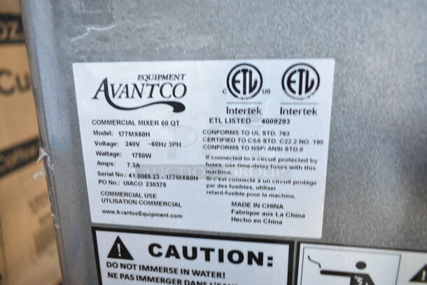 BRAND NEW SCRATCH AND DENT! Avantco 177MX60H Metal Commercial Floor Style 60 Quart Planetary Dough Mixer w/ Stainless Steel Mixing Bowl, Bowl Guard, Bowl Dolly, Dough Hook, Whisk and Paddle Attachments. 240 Volts, 3 Phase. - Image 12 of 12