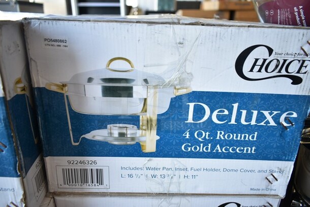 4 BRAND NEW SCRATCH AND DENT! Choice 90046326 Deluxe 4 Qt. Round Gold Accent Chafer. 4 Times Your Bid!  - Image 3 of 6