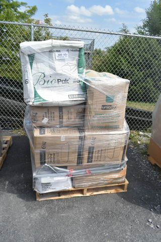PALLET LOT of 37 BRAND NEW Boxes Including 130BKFKSNX500 Choice Black Extra Heavy Weight Wrapped Plastic Cutlery Pack with Napkin - 500/Case, 2 Box 795KFT24REPE Choice 24 oz. Rectangular Kraft PE-Lined Microwavable Take-Out Container 6 13/16" x 4 13/16" x 2 1/4" - 300/Case, 129MCR50B Choice 43 oz. Black Round Microwavable Heavy Weight Container with Lid 9" - 150/Case, 500TO883C3 Choice 8" x 8" x 3" Microwaveable 3-Compartment Black / Clear Plastic Hinged Container - 100/Case, Fold-Pak 06BPWHITEM Bio-Pak 9" x 9" x 3 1/2" White Microwavable Paper #6 Take-Out Containers - 120/Case, 127CH06 Choice 6 oz. Clear RPET Hinged Deli Container - 400/Case, 127RD12BULK Choice 12 oz. Customizable Microwavable Translucent Round Deli Container - 500/Case, 500TO883C3 Choice 8" x 8" x 3" Microwaveable 3-Compartment Black / Clear Plastic Hinged Container - 100/Case, 3 Box 5013858 Lavex Li'l Herc 55-60 Gallon 1.2 Mil 38" x 58" Low Density Medium-Duty Black Trash Bag / Can Liner - 100/Case, 394365XL Noble Products Powder-Free Disposable Vinyl Gloves for Foodservice - 1000/Case. 37 Times Your Bid!