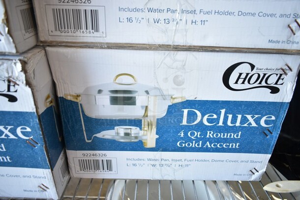 4 BRAND NEW SCRATCH AND DENT! Choice 90046326 Deluxe 4 Qt. Round Gold Accent Chafer. 4 Times Your Bid!  - Image 4 of 6