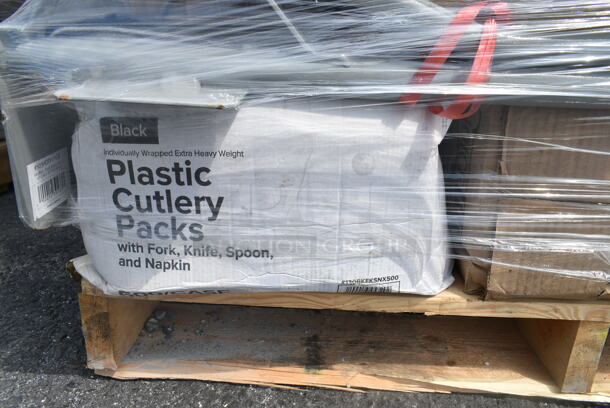 PALLET LOT of 37 BRAND NEW Boxes Including 130BKFKSNX500 Choice Black Extra Heavy Weight Wrapped Plastic Cutlery Pack with Napkin - 500/Case, 2 Box 795KFT24REPE Choice 24 oz. Rectangular Kraft PE-Lined Microwavable Take-Out Container 6 13/16" x 4 13/16" x 2 1/4" - 300/Case, 129MCR50B Choice 43 oz. Black Round Microwavable Heavy Weight Container with Lid 9" - 150/Case, 500TO883C3 Choice 8" x 8" x 3" Microwaveable 3-Compartment Black / Clear Plastic Hinged Container - 100/Case, Fold-Pak 06BPWHITEM Bio-Pak 9" x 9" x 3 1/2" White Microwavable Paper #6 Take-Out Containers - 120/Case, 127CH06 Choice 6 oz. Clear RPET Hinged Deli Container - 400/Case, 127RD12BULK Choice 12 oz. Customizable Microwavable Translucent Round Deli Container - 500/Case, 500TO883C3 Choice 8" x 8" x 3" Microwaveable 3-Compartment Black / Clear Plastic Hinged Container - 100/Case, 3 Box 5013858 Lavex Li'l Herc 55-60 Gallon 1.2 Mil 38" x 58" Low Density Medium-Duty Black Trash Bag / Can Liner - 100/Case, 394365XL Noble Products Powder-Free Disposable Vinyl Gloves for Foodservice - 1000/Case. 37 Times Your Bid! - Image 2 of 12