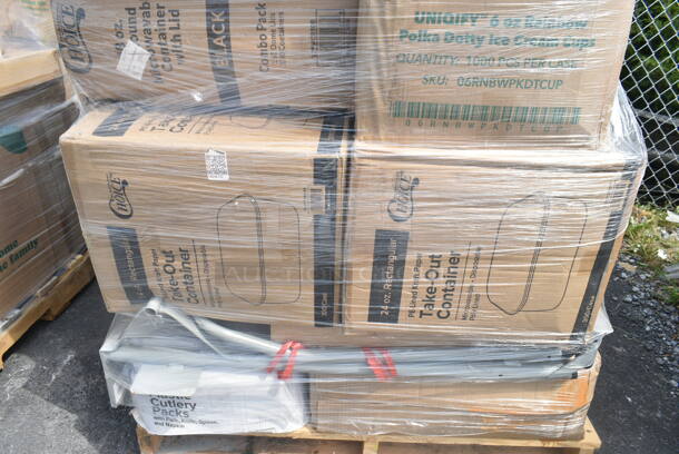 PALLET LOT of 37 BRAND NEW Boxes Including 130BKFKSNX500 Choice Black Extra Heavy Weight Wrapped Plastic Cutlery Pack with Napkin - 500/Case, 2 Box 795KFT24REPE Choice 24 oz. Rectangular Kraft PE-Lined Microwavable Take-Out Container 6 13/16" x 4 13/16" x 2 1/4" - 300/Case, 129MCR50B Choice 43 oz. Black Round Microwavable Heavy Weight Container with Lid 9" - 150/Case, 500TO883C3 Choice 8" x 8" x 3" Microwaveable 3-Compartment Black / Clear Plastic Hinged Container - 100/Case, Fold-Pak 06BPWHITEM Bio-Pak 9" x 9" x 3 1/2" White Microwavable Paper #6 Take-Out Containers - 120/Case, 127CH06 Choice 6 oz. Clear RPET Hinged Deli Container - 400/Case, 127RD12BULK Choice 12 oz. Customizable Microwavable Translucent Round Deli Container - 500/Case, 500TO883C3 Choice 8" x 8" x 3" Microwaveable 3-Compartment Black / Clear Plastic Hinged Container - 100/Case, 3 Box 5013858 Lavex Li'l Herc 55-60 Gallon 1.2 Mil 38" x 58" Low Density Medium-Duty Black Trash Bag / Can Liner - 100/Case, 394365XL Noble Products Powder-Free Disposable Vinyl Gloves for Foodservice - 1000/Case. 37 Times Your Bid! - Image 3 of 12