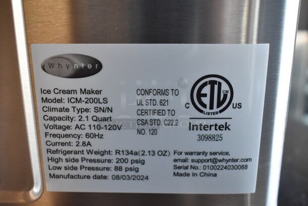 BRAND NEW SCRATCH AND DENT! Whynter ICM-200LS 2.1 Quart Capacity Automatic Compressor Ice Cream Maker in Stainless Steel. 115 Volts, 1 Phase. Tested and Working! - Image 5 of 5
