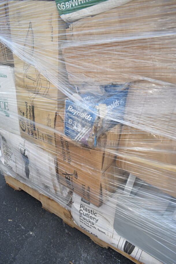 PALLET LOT of 37 BRAND NEW Boxes Including 130BKFKSNX500 Choice Black Extra Heavy Weight Wrapped Plastic Cutlery Pack with Napkin - 500/Case, 2 Box 795KFT24REPE Choice 24 oz. Rectangular Kraft PE-Lined Microwavable Take-Out Container 6 13/16" x 4 13/16" x 2 1/4" - 300/Case, 129MCR50B Choice 43 oz. Black Round Microwavable Heavy Weight Container with Lid 9" - 150/Case, 500TO883C3 Choice 8" x 8" x 3" Microwaveable 3-Compartment Black / Clear Plastic Hinged Container - 100/Case, Fold-Pak 06BPWHITEM Bio-Pak 9" x 9" x 3 1/2" White Microwavable Paper #6 Take-Out Containers - 120/Case, 127CH06 Choice 6 oz. Clear RPET Hinged Deli Container - 400/Case, 127RD12BULK Choice 12 oz. Customizable Microwavable Translucent Round Deli Container - 500/Case, 500TO883C3 Choice 8" x 8" x 3" Microwaveable 3-Compartment Black / Clear Plastic Hinged Container - 100/Case, 3 Box 5013858 Lavex Li'l Herc 55-60 Gallon 1.2 Mil 38" x 58" Low Density Medium-Duty Black Trash Bag / Can Liner - 100/Case, 394365XL Noble Products Powder-Free Disposable Vinyl Gloves for Foodservice - 1000/Case. 37 Times Your Bid! - Image 5 of 12