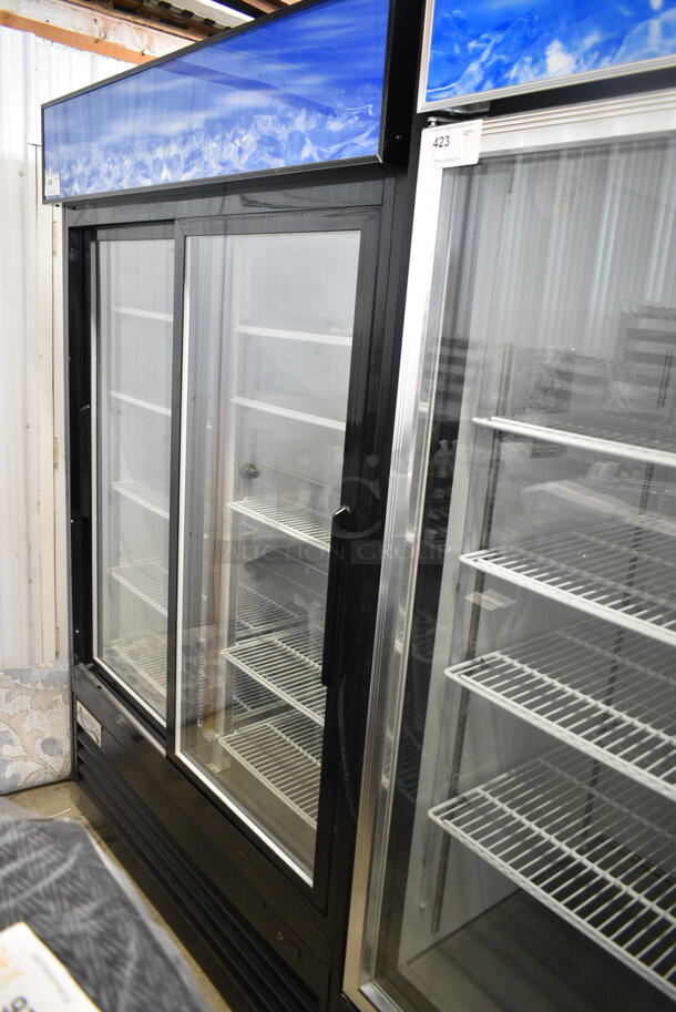BRAND NEW SCRATCH AND DENT! Avantco 178GDC49HCB 53" Black Customizable Sliding Glass Door Merchandiser Refrigerator with LED Lighting and Poly Coated Racks on Commercial Casters. 115 Volts, 1 Phase. Tested and Working! - Image 2 of 6