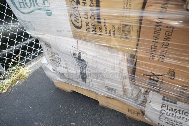 PALLET LOT of 37 BRAND NEW Boxes Including 130BKFKSNX500 Choice Black Extra Heavy Weight Wrapped Plastic Cutlery Pack with Napkin - 500/Case, 2 Box 795KFT24REPE Choice 24 oz. Rectangular Kraft PE-Lined Microwavable Take-Out Container 6 13/16" x 4 13/16" x 2 1/4" - 300/Case, 129MCR50B Choice 43 oz. Black Round Microwavable Heavy Weight Container with Lid 9" - 150/Case, 500TO883C3 Choice 8" x 8" x 3" Microwaveable 3-Compartment Black / Clear Plastic Hinged Container - 100/Case, Fold-Pak 06BPWHITEM Bio-Pak 9" x 9" x 3 1/2" White Microwavable Paper #6 Take-Out Containers - 120/Case, 127CH06 Choice 6 oz. Clear RPET Hinged Deli Container - 400/Case, 127RD12BULK Choice 12 oz. Customizable Microwavable Translucent Round Deli Container - 500/Case, 500TO883C3 Choice 8" x 8" x 3" Microwaveable 3-Compartment Black / Clear Plastic Hinged Container - 100/Case, 3 Box 5013858 Lavex Li'l Herc 55-60 Gallon 1.2 Mil 38" x 58" Low Density Medium-Duty Black Trash Bag / Can Liner - 100/Case, 394365XL Noble Products Powder-Free Disposable Vinyl Gloves for Foodservice - 1000/Case. 37 Times Your Bid! - Image 7 of 12