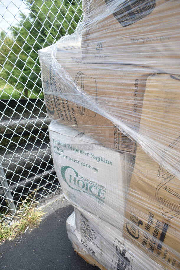 PALLET LOT of 37 BRAND NEW Boxes Including 130BKFKSNX500 Choice Black Extra Heavy Weight Wrapped Plastic Cutlery Pack with Napkin - 500/Case, 2 Box 795KFT24REPE Choice 24 oz. Rectangular Kraft PE-Lined Microwavable Take-Out Container 6 13/16" x 4 13/16" x 2 1/4" - 300/Case, 129MCR50B Choice 43 oz. Black Round Microwavable Heavy Weight Container with Lid 9" - 150/Case, 500TO883C3 Choice 8" x 8" x 3" Microwaveable 3-Compartment Black / Clear Plastic Hinged Container - 100/Case, Fold-Pak 06BPWHITEM Bio-Pak 9" x 9" x 3 1/2" White Microwavable Paper #6 Take-Out Containers - 120/Case, 127CH06 Choice 6 oz. Clear RPET Hinged Deli Container - 400/Case, 127RD12BULK Choice 12 oz. Customizable Microwavable Translucent Round Deli Container - 500/Case, 500TO883C3 Choice 8" x 8" x 3" Microwaveable 3-Compartment Black / Clear Plastic Hinged Container - 100/Case, 3 Box 5013858 Lavex Li'l Herc 55-60 Gallon 1.2 Mil 38" x 58" Low Density Medium-Duty Black Trash Bag / Can Liner - 100/Case, 394365XL Noble Products Powder-Free Disposable Vinyl Gloves for Foodservice - 1000/Case. 37 Times Your Bid! - Image 8 of 12