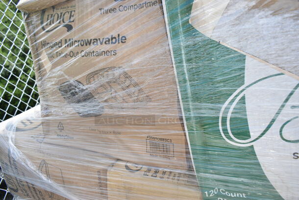 PALLET LOT of 37 BRAND NEW Boxes Including 130BKFKSNX500 Choice Black Extra Heavy Weight Wrapped Plastic Cutlery Pack with Napkin - 500/Case, 2 Box 795KFT24REPE Choice 24 oz. Rectangular Kraft PE-Lined Microwavable Take-Out Container 6 13/16" x 4 13/16" x 2 1/4" - 300/Case, 129MCR50B Choice 43 oz. Black Round Microwavable Heavy Weight Container with Lid 9" - 150/Case, 500TO883C3 Choice 8" x 8" x 3" Microwaveable 3-Compartment Black / Clear Plastic Hinged Container - 100/Case, Fold-Pak 06BPWHITEM Bio-Pak 9" x 9" x 3 1/2" White Microwavable Paper #6 Take-Out Containers - 120/Case, 127CH06 Choice 6 oz. Clear RPET Hinged Deli Container - 400/Case, 127RD12BULK Choice 12 oz. Customizable Microwavable Translucent Round Deli Container - 500/Case, 500TO883C3 Choice 8" x 8" x 3" Microwaveable 3-Compartment Black / Clear Plastic Hinged Container - 100/Case, 3 Box 5013858 Lavex Li'l Herc 55-60 Gallon 1.2 Mil 38" x 58" Low Density Medium-Duty Black Trash Bag / Can Liner - 100/Case, 394365XL Noble Products Powder-Free Disposable Vinyl Gloves for Foodservice - 1000/Case. 37 Times Your Bid! - Image 9 of 12