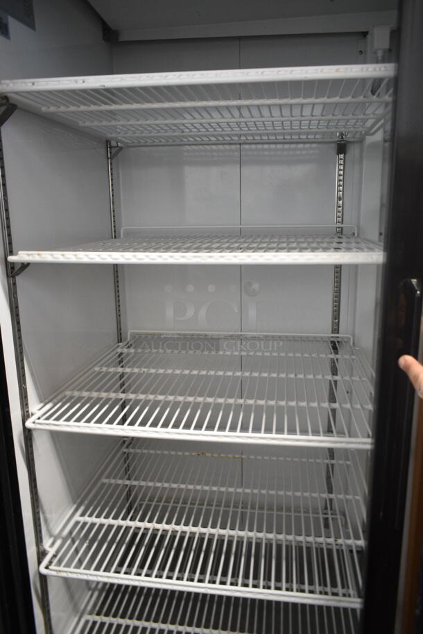 BRAND NEW SCRATCH AND DENT! Avantco 178GDC49HCB 53" Black Customizable Sliding Glass Door Merchandiser Refrigerator with LED Lighting and Poly Coated Racks on Commercial Casters. 115 Volts, 1 Phase. Tested and Working! - Image 5 of 6