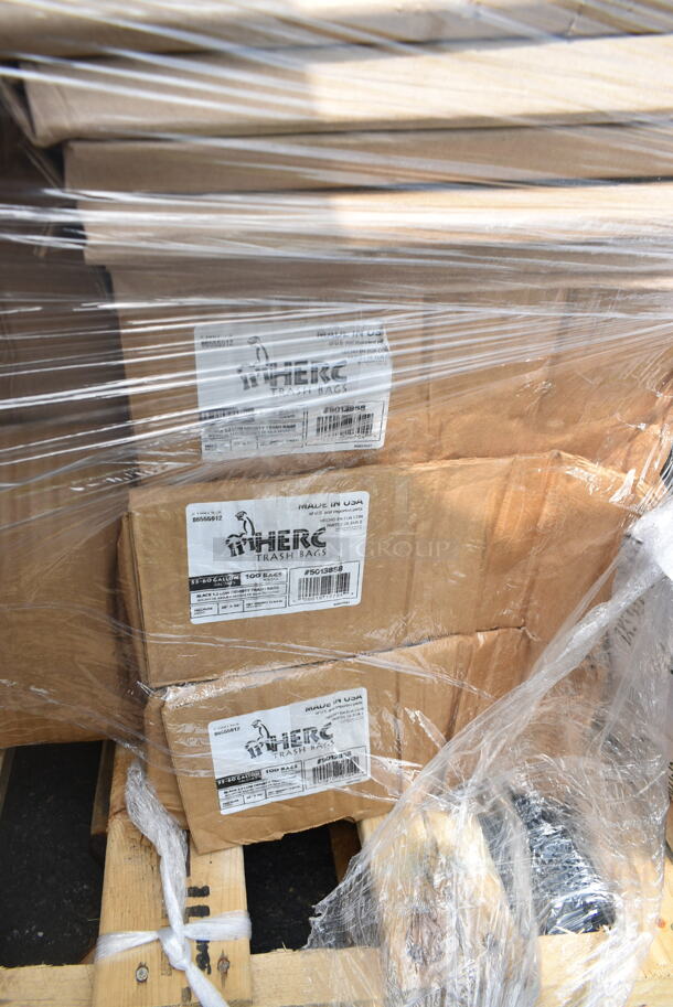 PALLET LOT of 37 BRAND NEW Boxes Including 130BKFKSNX500 Choice Black Extra Heavy Weight Wrapped Plastic Cutlery Pack with Napkin - 500/Case, 2 Box 795KFT24REPE Choice 24 oz. Rectangular Kraft PE-Lined Microwavable Take-Out Container 6 13/16" x 4 13/16" x 2 1/4" - 300/Case, 129MCR50B Choice 43 oz. Black Round Microwavable Heavy Weight Container with Lid 9" - 150/Case, 500TO883C3 Choice 8" x 8" x 3" Microwaveable 3-Compartment Black / Clear Plastic Hinged Container - 100/Case, Fold-Pak 06BPWHITEM Bio-Pak 9" x 9" x 3 1/2" White Microwavable Paper #6 Take-Out Containers - 120/Case, 127CH06 Choice 6 oz. Clear RPET Hinged Deli Container - 400/Case, 127RD12BULK Choice 12 oz. Customizable Microwavable Translucent Round Deli Container - 500/Case, 500TO883C3 Choice 8" x 8" x 3" Microwaveable 3-Compartment Black / Clear Plastic Hinged Container - 100/Case, 3 Box 5013858 Lavex Li'l Herc 55-60 Gallon 1.2 Mil 38" x 58" Low Density Medium-Duty Black Trash Bag / Can Liner - 100/Case, 394365XL Noble Products Powder-Free Disposable Vinyl Gloves for Foodservice - 1000/Case. 37 Times Your Bid! - Image 10 of 12