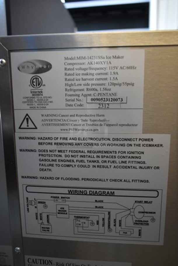 BRAND NEW SCRATCH AND DENT! Whynter MIM-14231SS Stainless Steel 14” Undercounter Automatic Marine Ice Maker 23lb Daily Output. 115 Volts, 1 Phase. Tested and Working! - Image 5 of 5