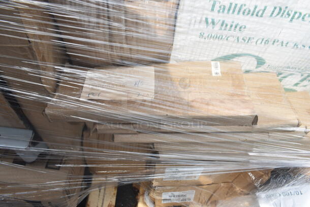 PALLET LOT of 37 BRAND NEW Boxes Including 130BKFKSNX500 Choice Black Extra Heavy Weight Wrapped Plastic Cutlery Pack with Napkin - 500/Case, 2 Box 795KFT24REPE Choice 24 oz. Rectangular Kraft PE-Lined Microwavable Take-Out Container 6 13/16" x 4 13/16" x 2 1/4" - 300/Case, 129MCR50B Choice 43 oz. Black Round Microwavable Heavy Weight Container with Lid 9" - 150/Case, 500TO883C3 Choice 8" x 8" x 3" Microwaveable 3-Compartment Black / Clear Plastic Hinged Container - 100/Case, Fold-Pak 06BPWHITEM Bio-Pak 9" x 9" x 3 1/2" White Microwavable Paper #6 Take-Out Containers - 120/Case, 127CH06 Choice 6 oz. Clear RPET Hinged Deli Container - 400/Case, 127RD12BULK Choice 12 oz. Customizable Microwavable Translucent Round Deli Container - 500/Case, 500TO883C3 Choice 8" x 8" x 3" Microwaveable 3-Compartment Black / Clear Plastic Hinged Container - 100/Case, 3 Box 5013858 Lavex Li'l Herc 55-60 Gallon 1.2 Mil 38" x 58" Low Density Medium-Duty Black Trash Bag / Can Liner - 100/Case, 394365XL Noble Products Powder-Free Disposable Vinyl Gloves for Foodservice - 1000/Case. 37 Times Your Bid! - Image 11 of 12