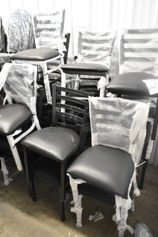 17 BRAND NEW SCRATCH AND DENT! Lancaster Table & Seating Black Metal Dining Height Ladder Back Chair w/ Black Seat Cushion. 17 Times Your Bid! - Image 2 of 6