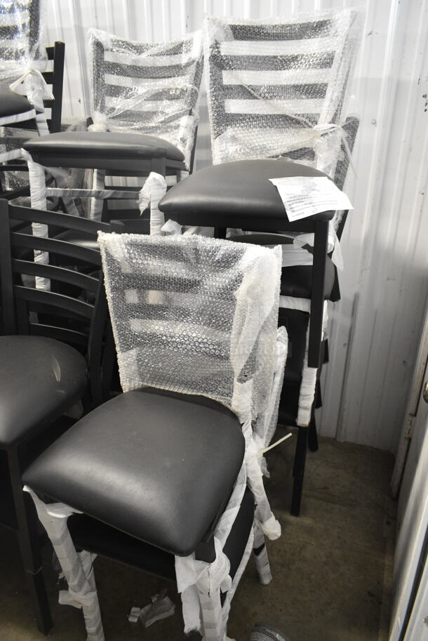 17 BRAND NEW SCRATCH AND DENT! Lancaster Table & Seating Black Metal Dining Height Ladder Back Chair w/ Black Seat Cushion. 17 Times Your Bid! - Image 3 of 6