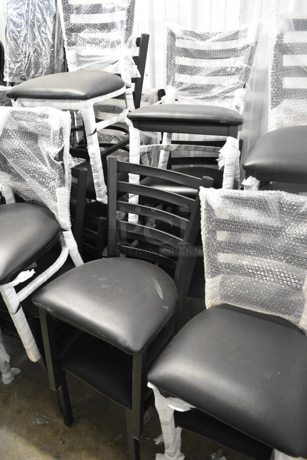 17 BRAND NEW SCRATCH AND DENT! Lancaster Table & Seating Black Metal Dining Height Ladder Back Chair w/ Black Seat Cushion. 17 Times Your Bid! - Image 4 of 6