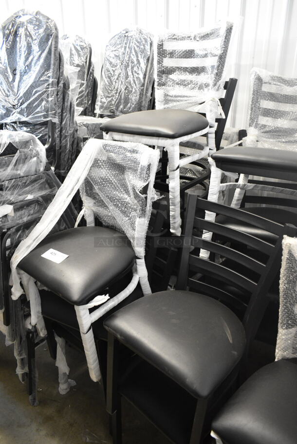 17 BRAND NEW SCRATCH AND DENT! Lancaster Table & Seating Black Metal Dining Height Ladder Back Chair w/ Black Seat Cushion. 17 Times Your Bid! - Image 5 of 6