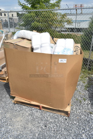 PALLET LOT of 15 BRAND NEW Boxes Including 90HTPF3R White Foam Three-Compartment Square, 433DS15 Choice 15" x 10 3/4" Customizable Interfolded Deli Wrap Wax Paper - 6000/Case, 500CC16 16 oz. Plastic Cold Cup - 1000/Case, 128HD8COMBO Choice Heavy Duty 8 oz. Microwavable Translucent Plastic Deli Container and Lid Combo Pack - 240/Case, 274MOPBCKTBR Lavex 35 Qt. Brown Mop Bucket & Side Press Wringer Combo. 15 Times Your Bid!