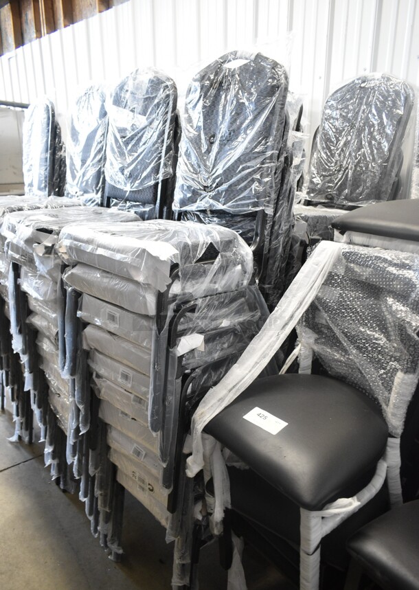 40 BRAND NEW SCRATCH AND DENT! Lancaster Table & Seating 164BNQCRBLK  Black Pattern Fabric Crown Back Stackable Banquet Chair with Silver Vein Frame. 40 Times Your Bid! - Image 2 of 5