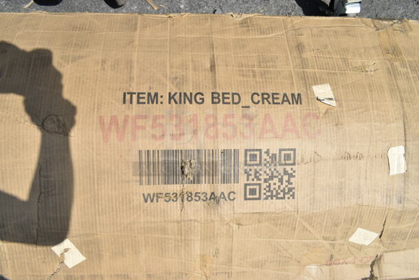 BRAND NEW IN BOX! ZNTS Modern Velvet Upholstered Platform Bed with Wingback Headboard and Round Wooden Legs, Cream,King WF531853AAC - Image 2 of 3