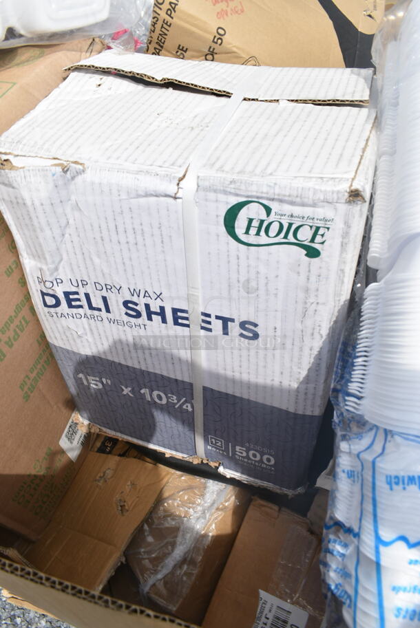 PALLET LOT of 15 BRAND NEW Boxes Including 90HTPF3R White Foam Three-Compartment Square, 433DS15 Choice 15" x 10 3/4" Customizable Interfolded Deli Wrap Wax Paper - 6000/Case, 500CC16 16 oz. Plastic Cold Cup - 1000/Case, 128HD8COMBO Choice Heavy Duty 8 oz. Microwavable Translucent Plastic Deli Container and Lid Combo Pack - 240/Case, 274MOPBCKTBR Lavex 35 Qt. Brown Mop Bucket & Side Press Wringer Combo. 15 Times Your Bid! - Image 4 of 12